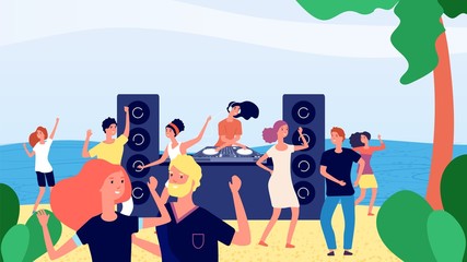 Sticker - Beach party. summer dj set, modern relax disco music. Young teenagers vacation, joyful girls and boys dancing. Vector people resting background. Summer beach disco, exotic entertainment illustration