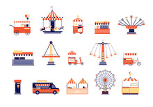 Amusement Park Icons. City Attractions Entertainment. Flat Coaster And Ferris Wheel, Carousels Food Tents. Isolated Carnival Vector Elements. Amusement Coaster, Attraction Ride Horse Illustration
