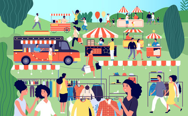 Canvas Print - Summer fair. Festive food, street season flea market. Garage sale in park. Family festival event, marketplace and tents vector illustration. Festival street and flea market, outdoor shop