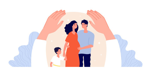 Wall Mural - Family protection. Children adult support, patient protected. Hand hug people. Pregnant woman, father and mother. Parenthood vector concept. People family care, couple protect illustration