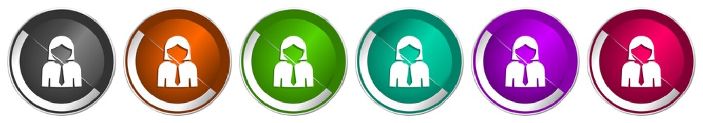 Aufkleber - Woman icon set, businesswoman, female, person, human silver metallic chrome border vector web buttons in 6 colors options for webdesign