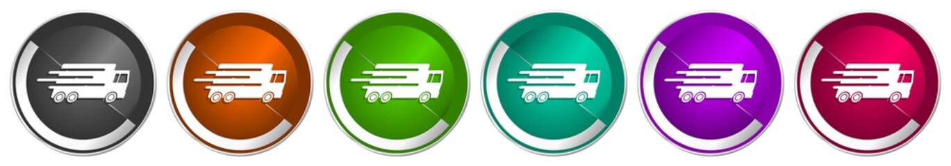 Poster - Speed transport icon set, fast delivery, truck silver metallic chrome border vector web buttons in 6 colors options for webdesign