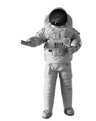 Wall Mural - astronaut presenting an empty space isolated on white background