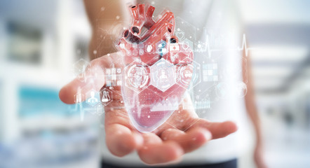 Poster - Man using digital x-ray of human heart holographic scan projection 3D rendering