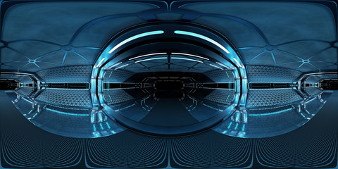 Aufkleber - High resolution HDRI panoramic view of dark spaceship interior. 360 panorama reflection mapping of a futuristic spacecraft room 3D rendering