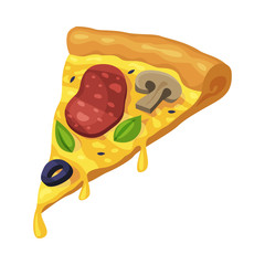 Sticker - Slice of Pizza with Sausage, Mushrooms and Olives, Fast Food Meal Vector Illustration