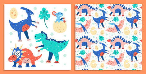 Naklejka na meble Set of little cute dinosaurs. Triceratops, T-rex, Parasaurolophus. Postcard. Prehistoric animals. Jurassic world. Flat colourful vector illustration icon sticker isolated on orange backgrground.