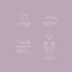 Wall Mural - Set of logos for business in the industry of beauty, health, personal hygiene. Beautiful picture of hands. Logo of a beauty salon, health industry, makeup artist, cosmetologist, massage therapist.