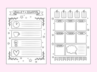 Sticker - Bullet journal pages. Vector design templates of hand drawn notes and dividers frames organizer or planner. Bullet journal, notebook diary with wish and target illustration