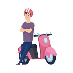 Canvas Print - Man and scooter. Pink motorcycle, flat male character in helmet. Boy waiting near transport vector illustration. Scooter and boy delivery, motorbike deliver