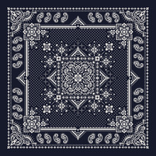 Vector Ornament Bandana Print. Traditional Ornamental Ethnic Pattern With Paisley And Flowers. Silk Neck Scarf Or Kerchief Square Pattern Design Style, Best Motive For Print On Fabric Or Papper.