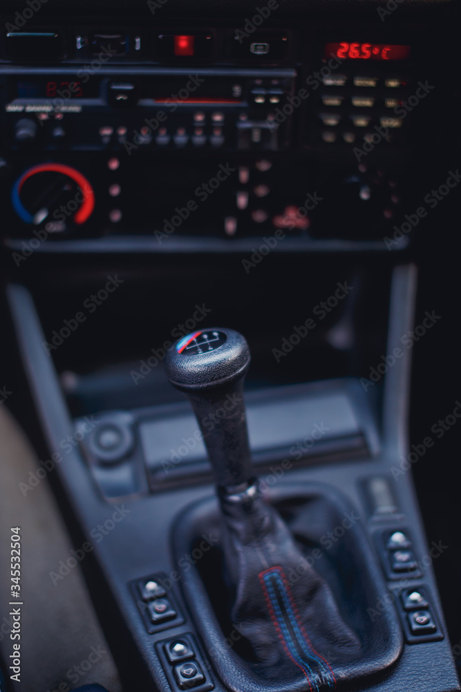 BMW M3 e30 interior, manual gearbox. Stock Photo | Adobe Stock