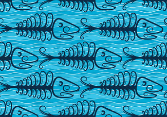 Sticker - A seamless Blue background with fish skeleton and Sea.