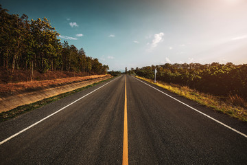 Wall Mural - open road. Asphalt road through the green field and clouds on blue sky in summer day. 