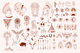 Fototapeta Boho - Collection of boho and tribal elements, woman face portrait, dreamcatcher, birds, animals skull, esoteric elements, insect and plants. Minimalist objects one line style. Editable Vector Illustration.