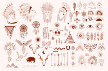 Collection Of Boho And Tribal Elements, Woman Face Portrait, Dreamcatcher, Birds, Animals Skull, Esoteric Elements, Insect And Plants. Minimalist Objects One Line Style. Editable Vector Illustration.