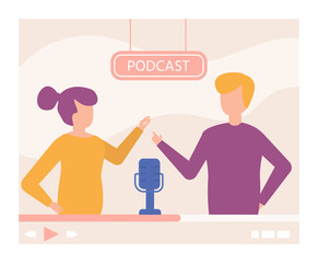 Wall Mural - Podcast online video tutorial, media technology vector illustration. Man woman flat character use microphone for podcasting at studio. People make audio, training course about video blog.