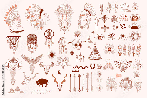 Cuadros en Lienzo Collection of boho and tribal elements, woman face portrait, dreamcatcher, birds, animals skull, esoteric elements, insect and plants