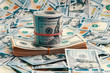 A background of scattered one-hundred-dollar bills over the entire space, close-up in the middle of a stack and a roll of dollars in the shape of a ship.