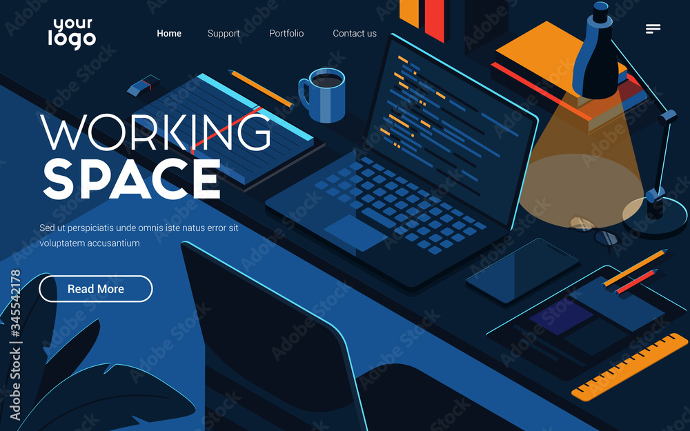 Landing page template of Working Space. Modern isometric design concept of web page design for website and mobile website. Easy to edit and customize. Vector illustration - obrazy, fototapety, plakaty 