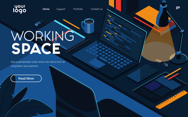 landing page template of working space. modern isometric design concept of web page design for websi