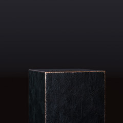 Product display platform. One step black and gold rough textured podium isolated. Cube block display. 3d rendering.