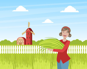 Poster - Girl Farmer Standing with Armful of Fresh Grass on Background of Summer Rural Landscape Vector Illustration