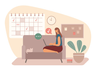 Poster - Female freelancer sitting on sofa and browsing laptop