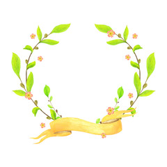 A wreath of fresh green twigs and delicate peach flowers and a yellow ribbon for inscription.