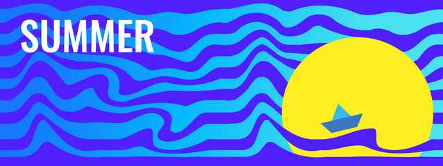  Horizontal summer abstract blue banner. Excited Sea and bright yellow sun. Ship on the waves against the bright circle of the sun.