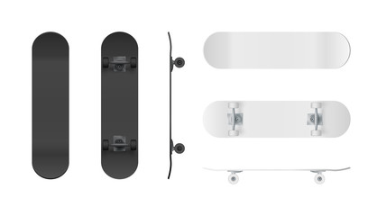 Skateboard template. Realistic black and white skateboard mockup. Vector illustration isolated on white background