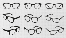 Glasses Icons - Different Angle View - Black Vector Illustration Set - Isolated On Transparent Background