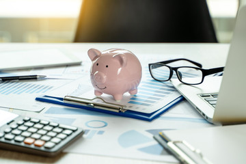 Poster - Financial Report- Business Accounting money stack Concept Business Man Using Calculator graph discussion and analysis data charts and graphs