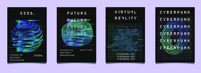 Aufkleber - Set of vaporwave and synthwave style posters with binary code and 3d figures. Collection of futuristic cyberpunk covers for music, hackathon or science event.