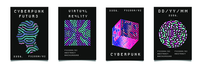 Aufkleber - Set of synthwave style posters with geometric surreal elements. Collection of futuristic cyberpunk covers for Information technology, biology and science events.