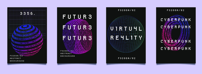 Aufkleber - Set of vaporwave and synthwave style posters with binary code and 3d figures. Collection of futuristic cyberpunk covers for music, hackathon or science event.