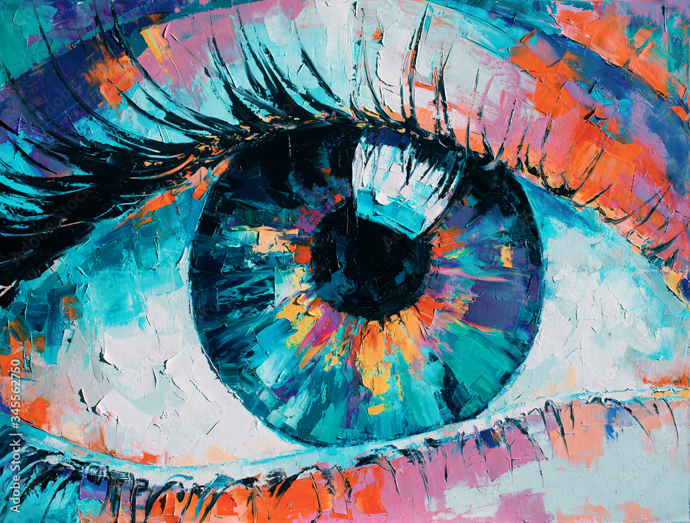 “Fluorite” - oil painting. Conceptual abstract picture of the eye. Oil painting in colorful colors. Conceptual abstract closeup of an oil painting and palette knife on canvas. - obrazy, fototapety, plakaty 