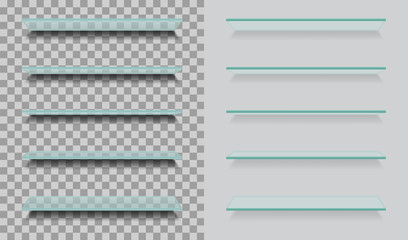 Poster - Glass shelves. Art empty ledge. Design glass surface. Empty bookshelf in library or panel for exhibition in store. Clear glass stand with furniture for marketing, advertising, merchandising. Vector.