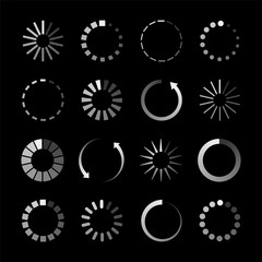 Fototapete - Icons of loader. Bar with circles for buffering of load. Symbols of progress loading. Menu interface for app, internet, computer, mobile on black background. Signs and arrows of wait download. Vector