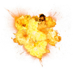 Realistic fiery explosion with sparks over a white background