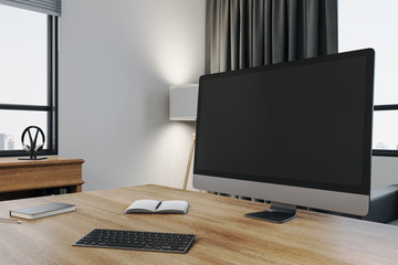 Poster - Designer workplace with empty black computer screen and supplies.