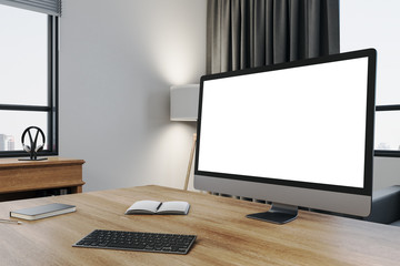 Poster - Creative designer workplace with empty white computer screen and supplies.