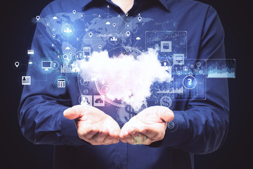 Poster - Businessman holding online networking cloud diagram.