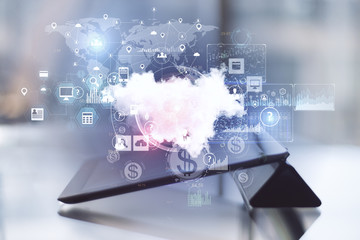 Leinwandbilder - Digital tablet with online networking cloud diagram.