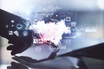 Poster - Hand tayping on tablet with online shopping and cloud computing diagram.