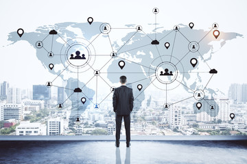Poster - Businessman looking on glowing cloud email hologram