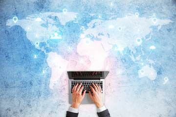 Poster - Hand typing on laptop and social media network and remote work hologram.