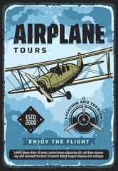 Wall Mural - Airplane flight tours, plane travel and air tourism, vector vintage poster. Vacation and tourism, airplane flight trips, civil aviation trips, retro propeller airplane flight in sky, private jets club