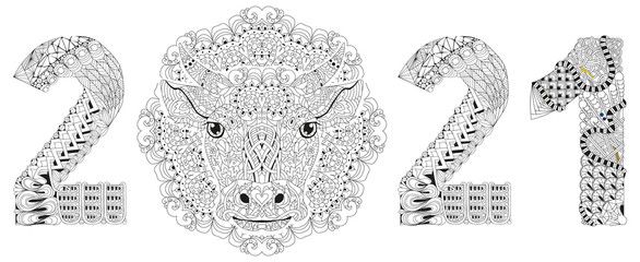 Zentangle stylized number 2021 with mandala and bull head. Hand Drawn lace vector illustration for coloring