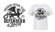 Griffin t-shirt print mockup, defender patrol club sign. Gothic griffon or gryphon creature with Defenders of Liberty quote for t shirt